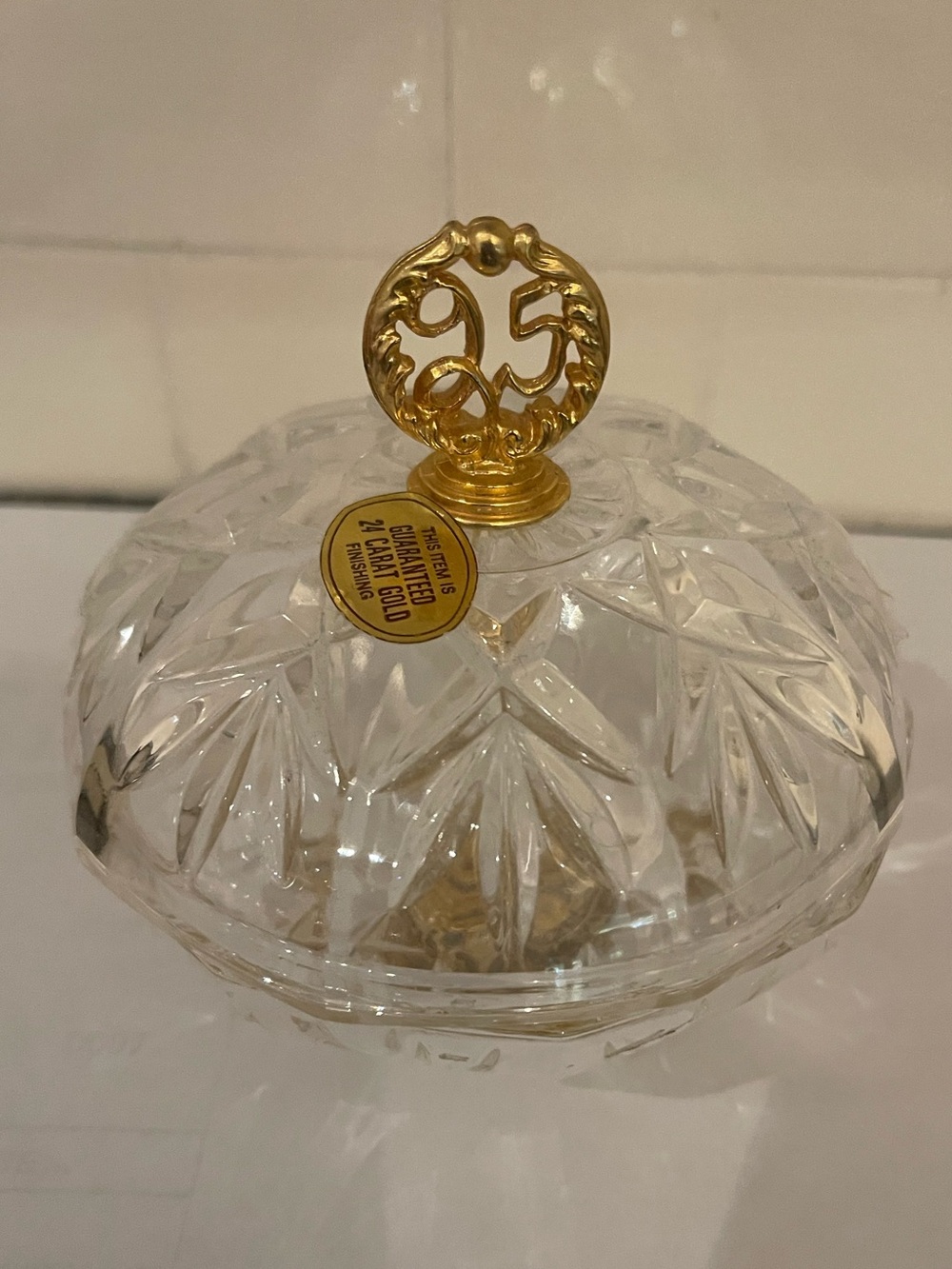 Crystal Candy Dish with Gold '25' Finial